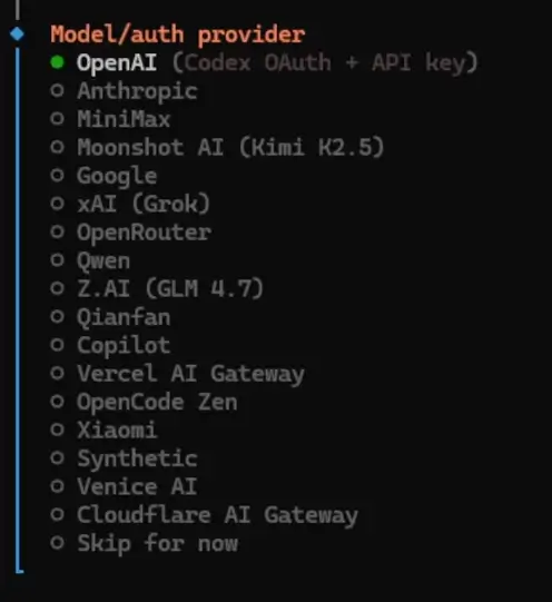 Выбор LLM-провайдера в мастере настройки OpenClaw